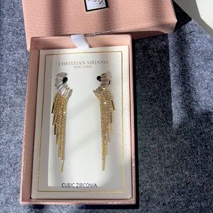 New Christian Siriano dangling earrings with baguettes and gold rhinestone